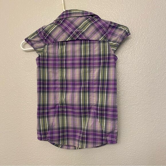 Columbia girls Youth Purple plaid cap sleeve Omni Shade button snap shirt 6X - Picture 2 of 8